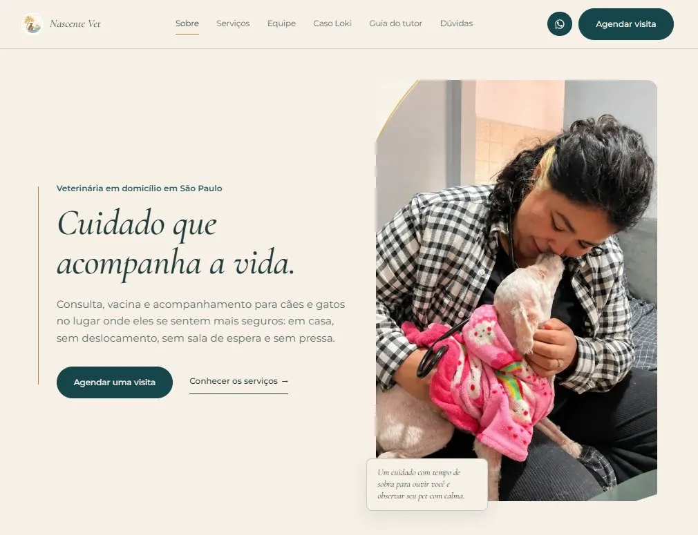 Página inicial do site da Nascente Vet